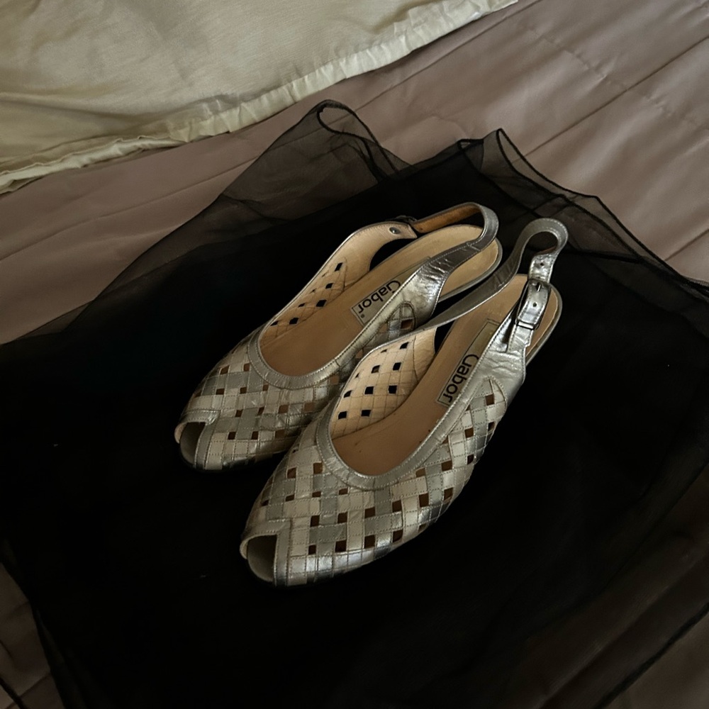 Gabor Silver Woven Peep-Toe Heels